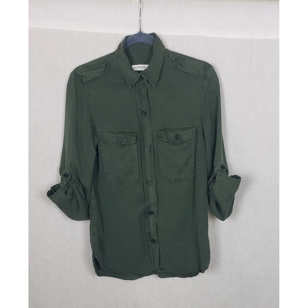 Zara Woman Olive Green Lyocell Utility Button Down Shirt Epaulettes S Earthy